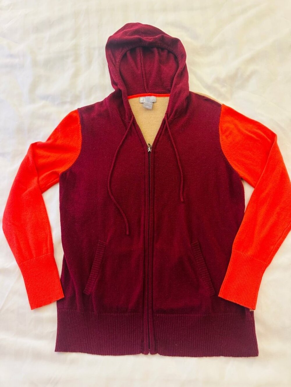 Cashmere Blend Colorblock Zip Up Hoodie Womens XL Burgundy Autumn Cozy Comfort
